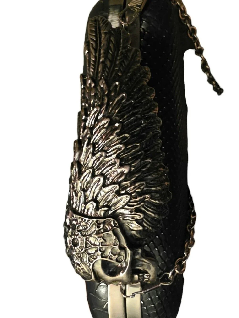 Winged Skull Knuckle Duster Faux Leather Snake Clutch Purse NWOT